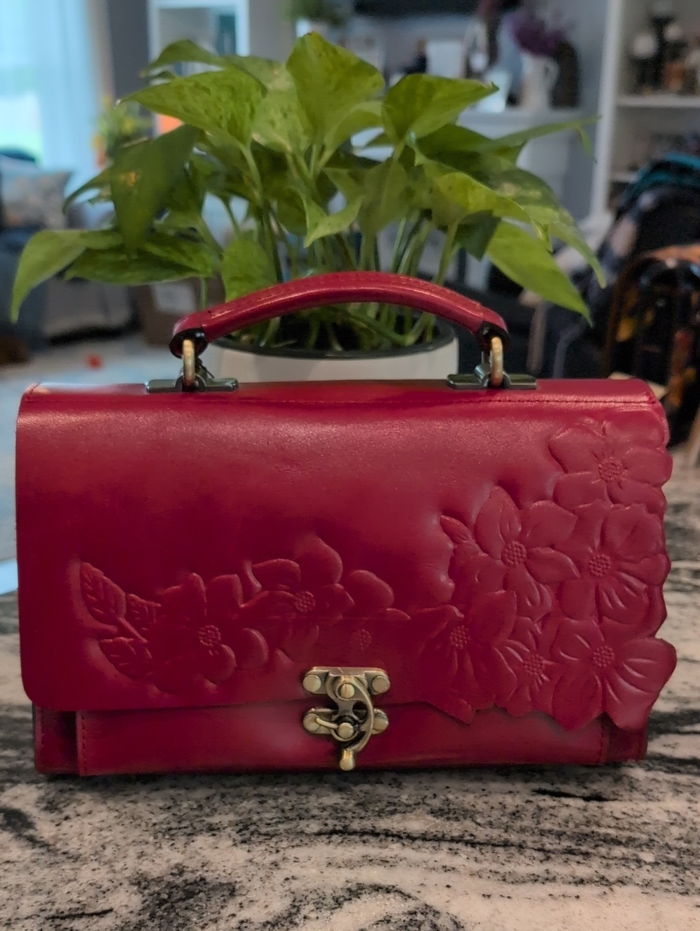Patricia Nash Hand Cut Hand Tooled Berry Red Charonne Top Handle Crossbody Bag